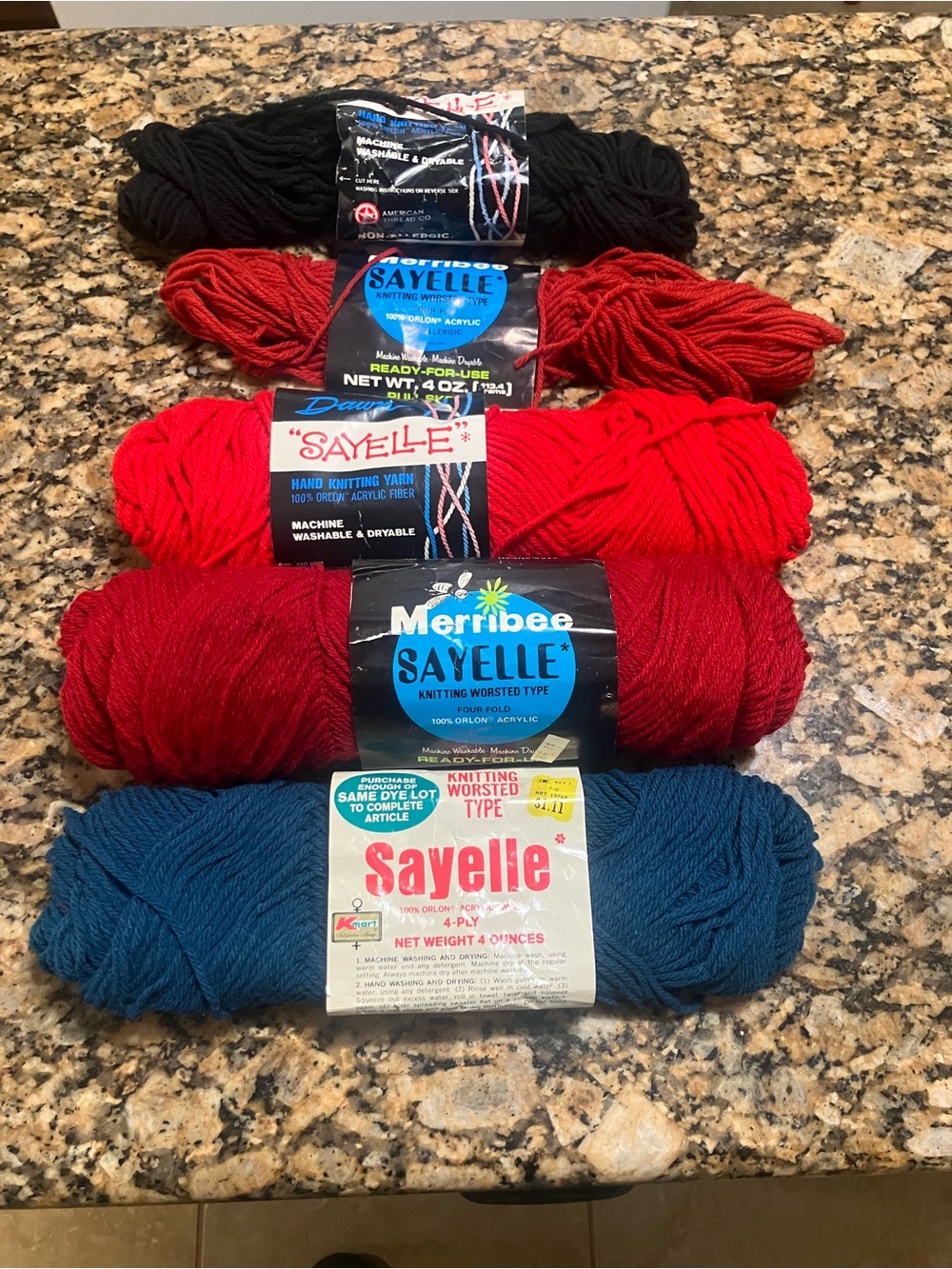Vintage Sayelle Acrylic Yarn Lot – 5 Skeins Worsted Weight – Red, Black, Blue